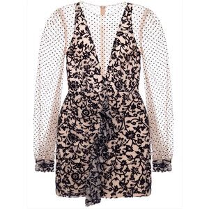 NWT PatBo Velvet Burnout Plunge Mini Dress Black Nude Size 6 Polka Dot